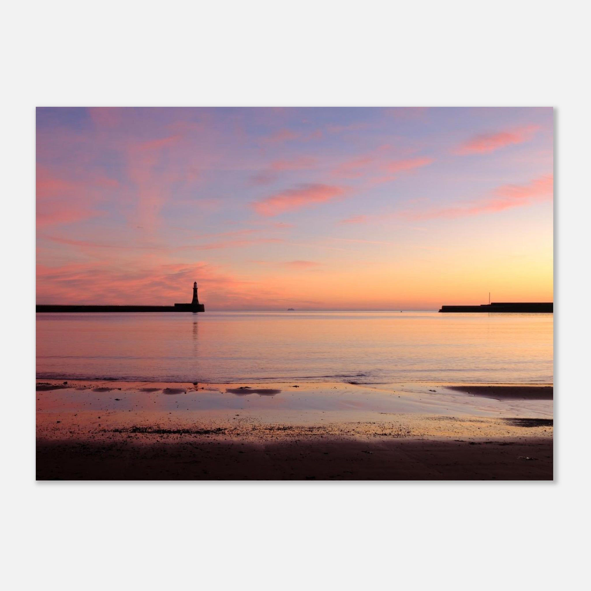 Sunrise on Roker Beach, looking out over the Lighthouse - Fine Art Poster