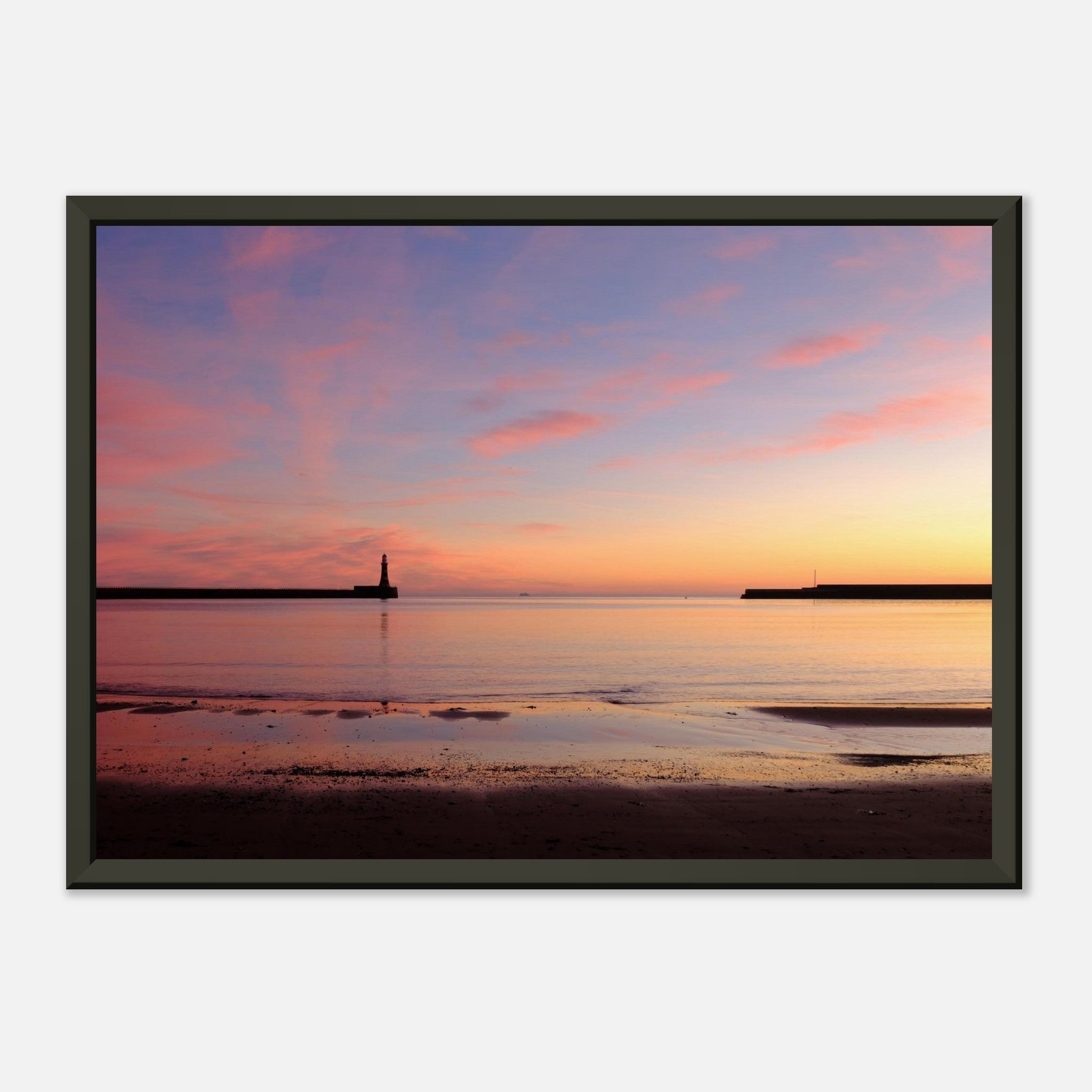Sunrise on Roker beach, looking at Roker Pier and Lighthouse, Sunderland - Museum-Quality Matte Paper Metal Framed Poster